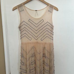 Free People Sheer Embroidered Beading Slip Mini Dress Pink with Lavender Beading